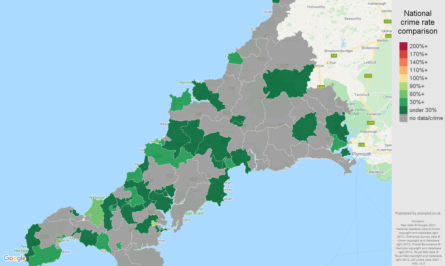 Cornwall bicycle theft crime rate comparison map