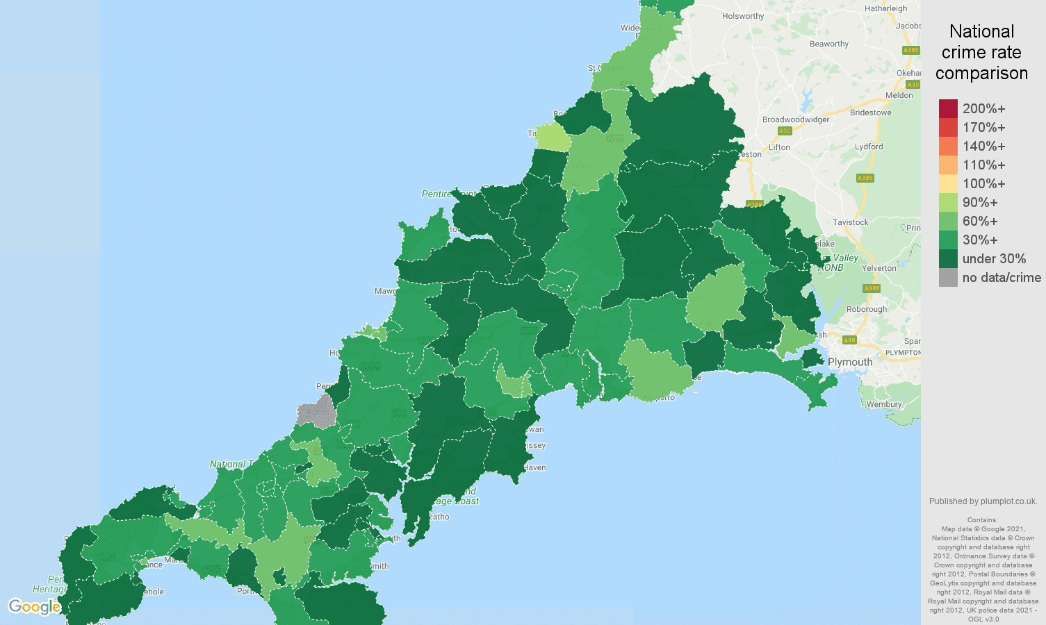 Cornwall burglary crime rate comparison map