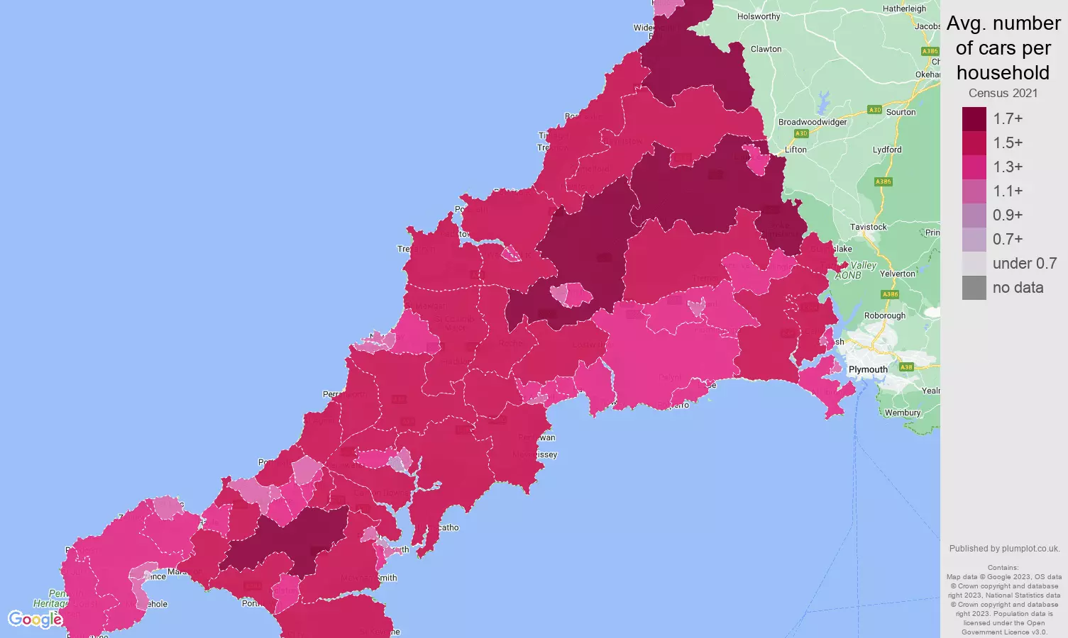 Cornwall cars per household map