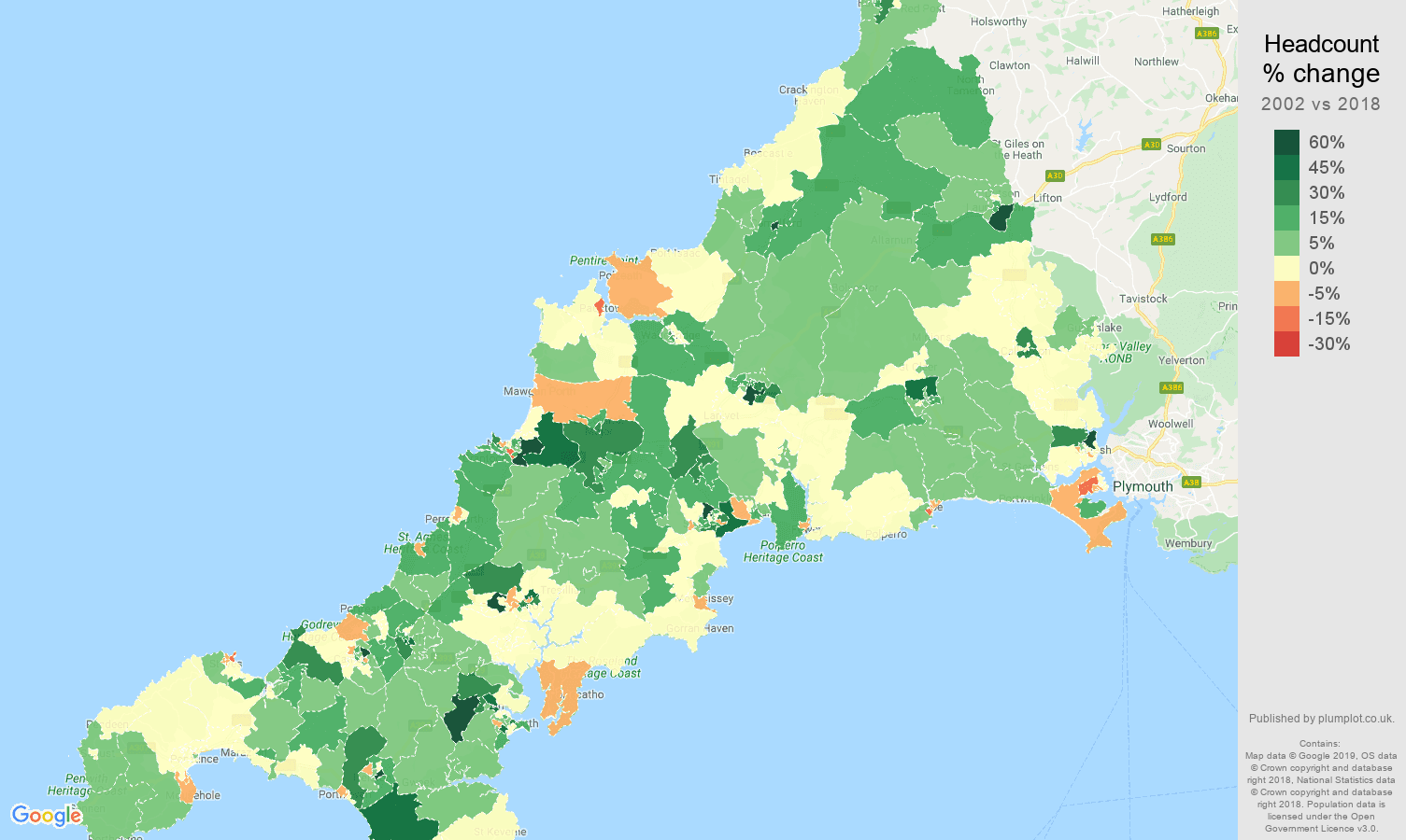 Cornwall headcount change map