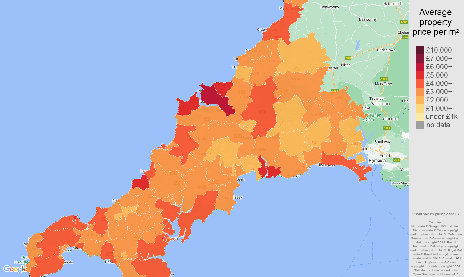 Cornwall house prices per square metre map