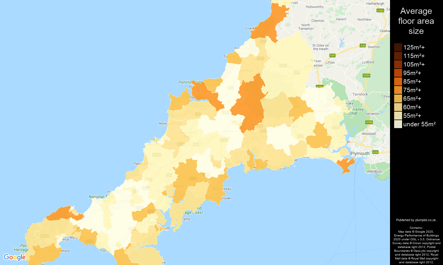 Cornwall map of average floor area size of flats
