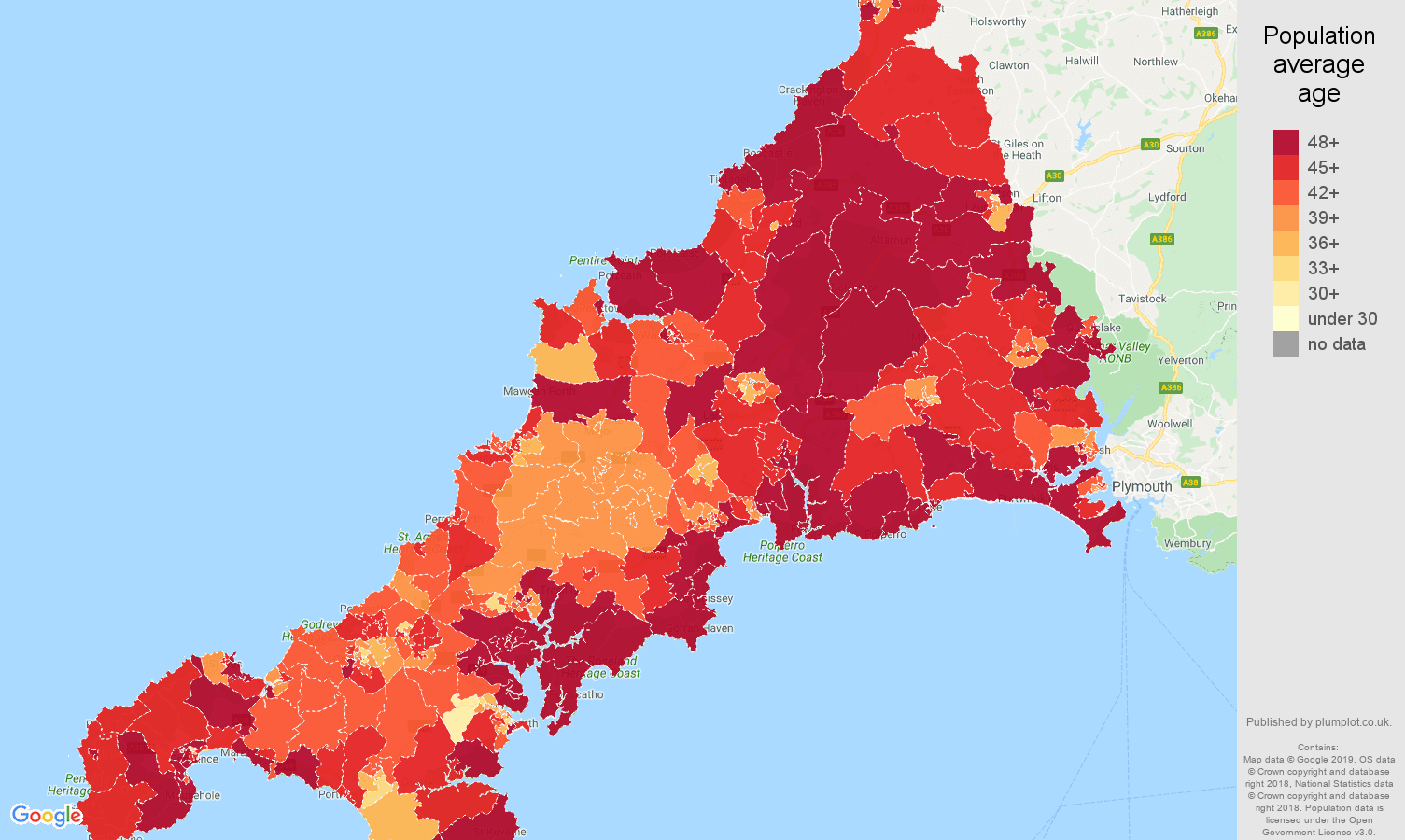 Cornwall population average age map