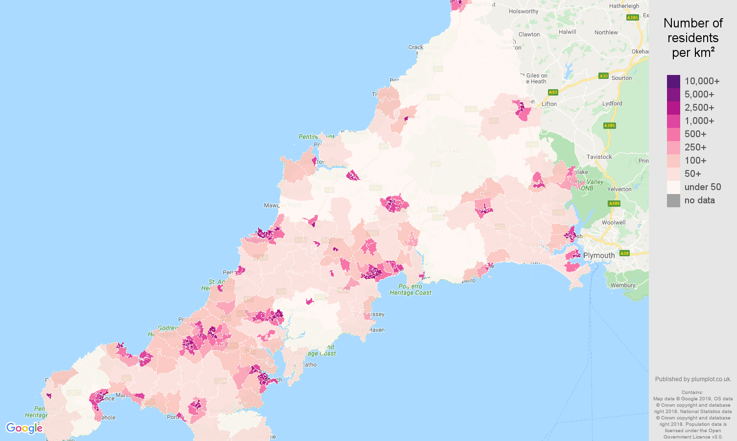 Cornwall population density map