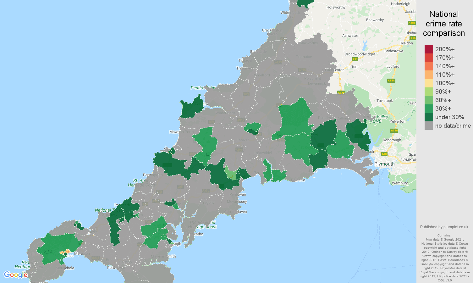 Cornwall theft from the person crime rate comparison map