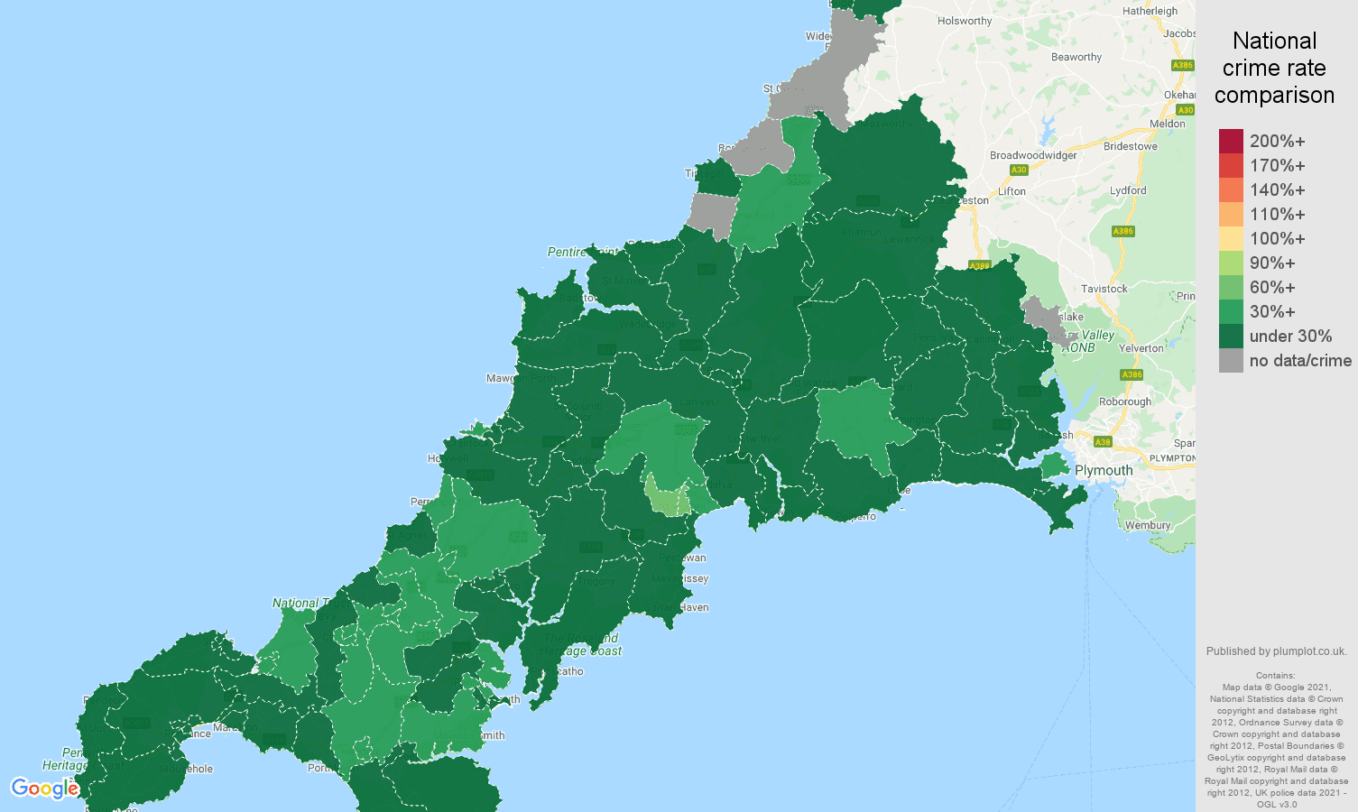 Cornwall vehicle crime rate comparison map
