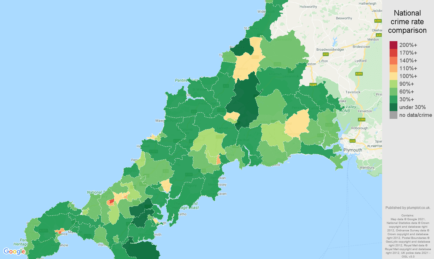 Cornwall violent crime rate comparison map
