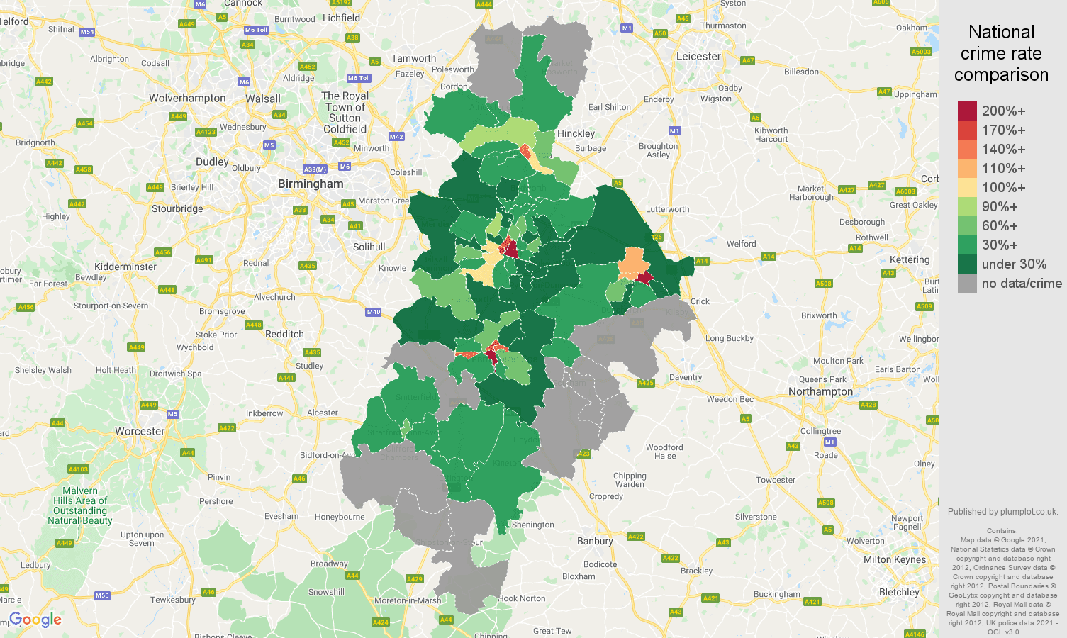 Coventry bicycle theft crime rate comparison map
