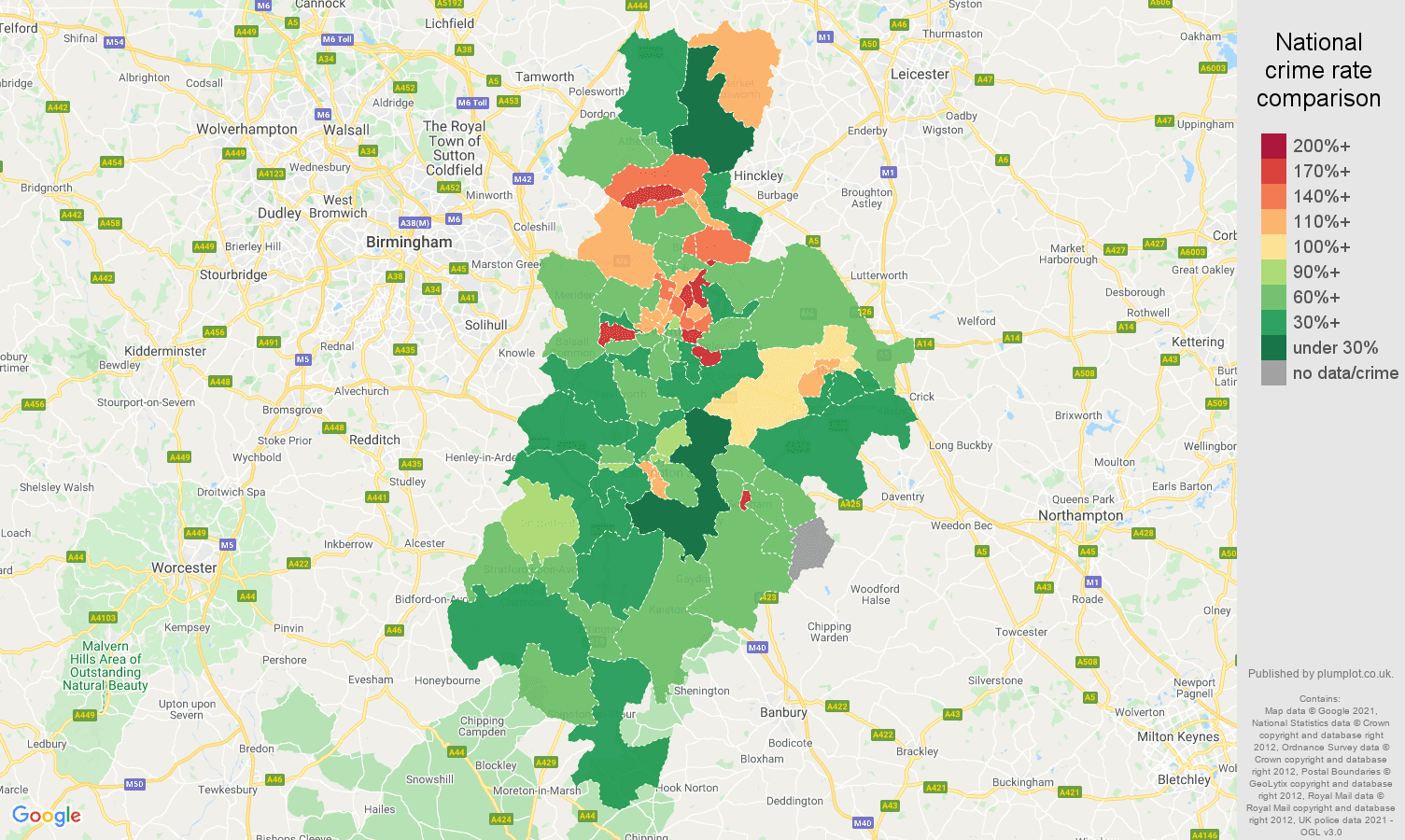 Coventry criminal damage and arson crime rate comparison map