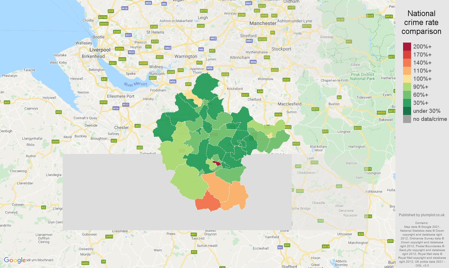 Crewe burglary crime rate comparison map