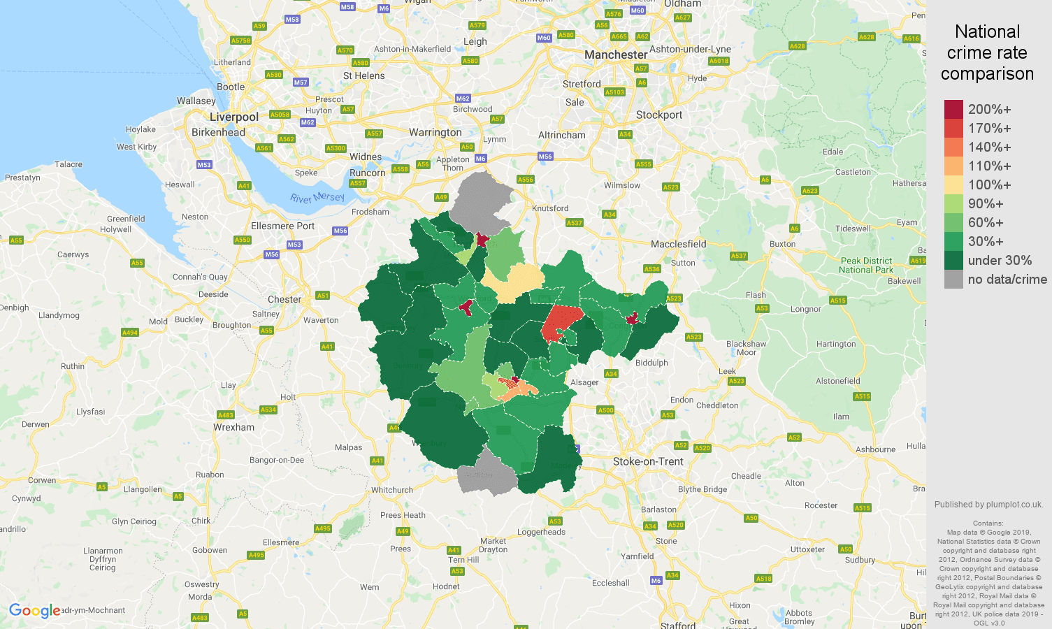 Crewe shoplifting crime rate comparison map
