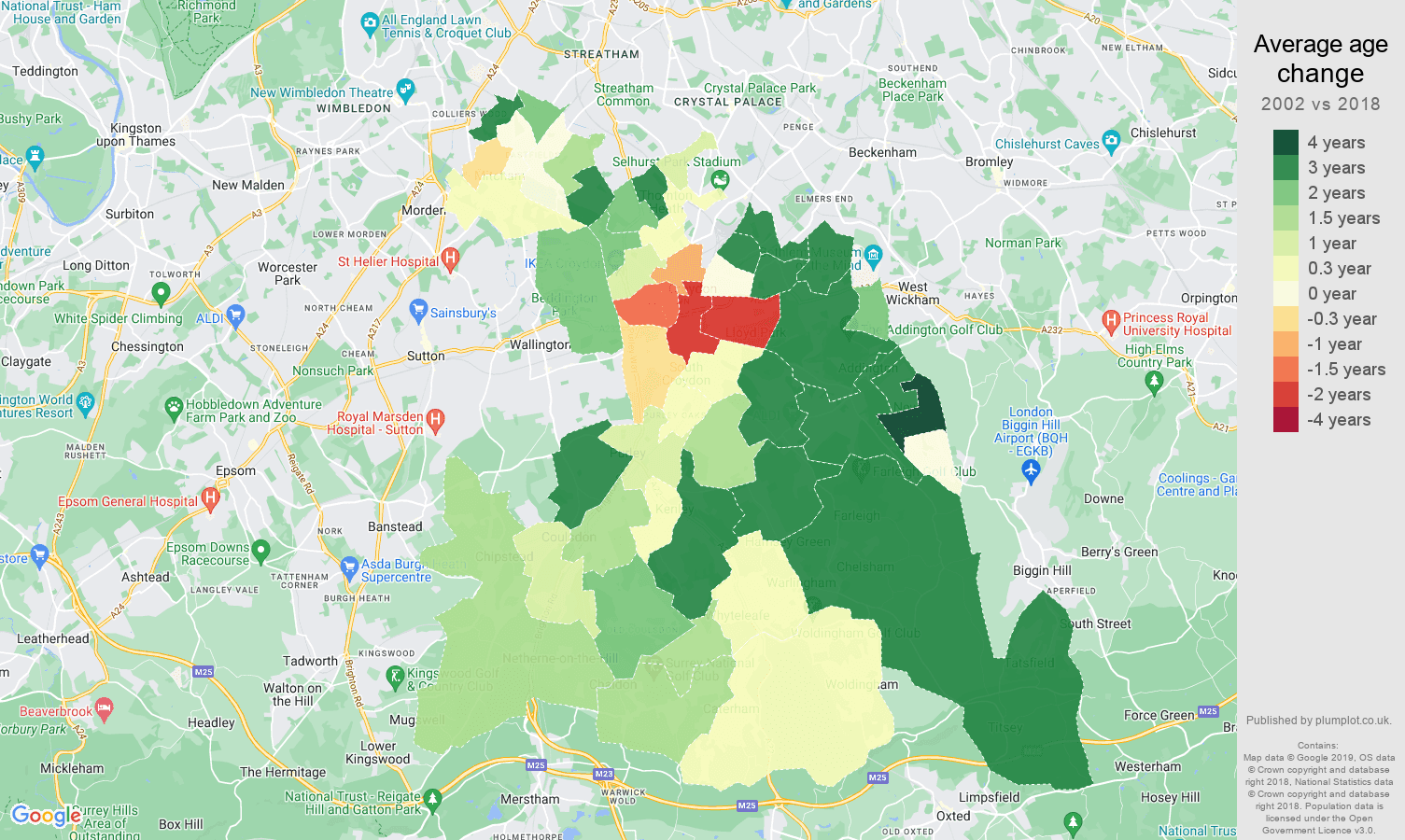Croydon average age change map