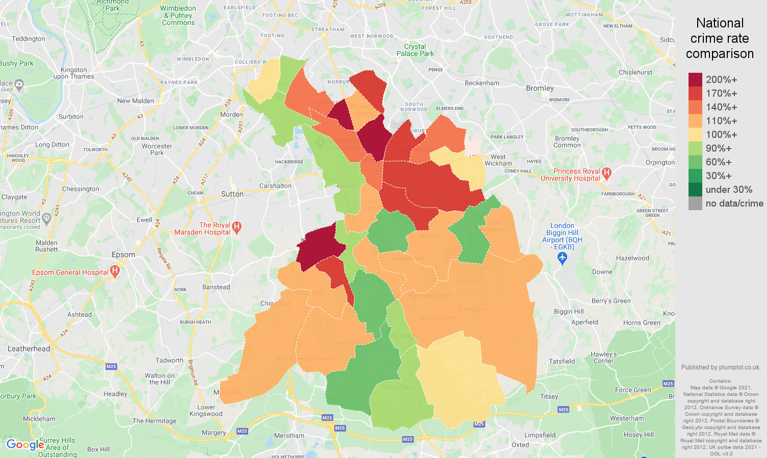 Croydon burglary crime rate comparison map
