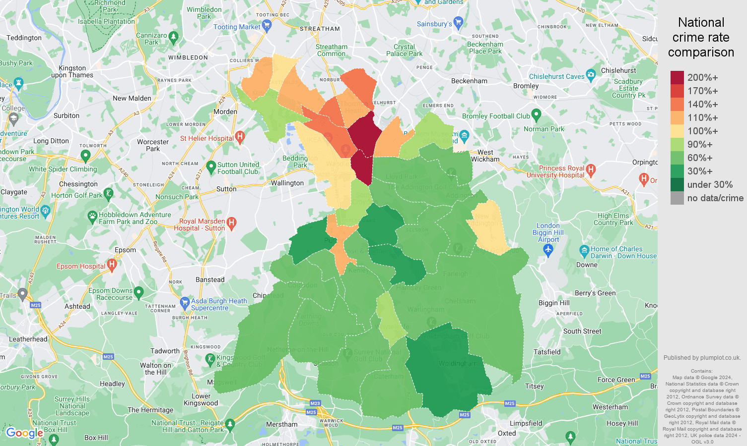 Croydon crime rate comparison map