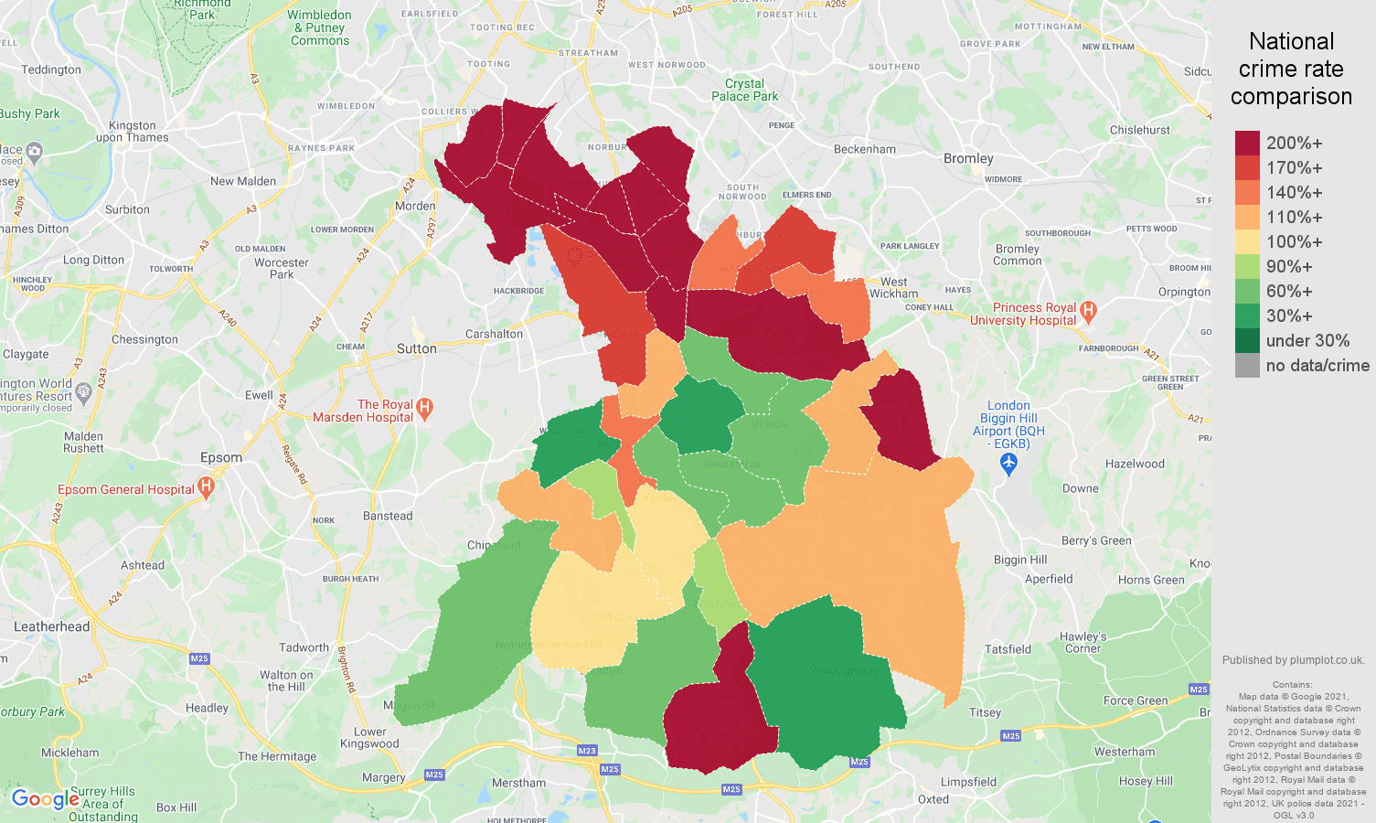 Croydon drugs crime rate comparison map