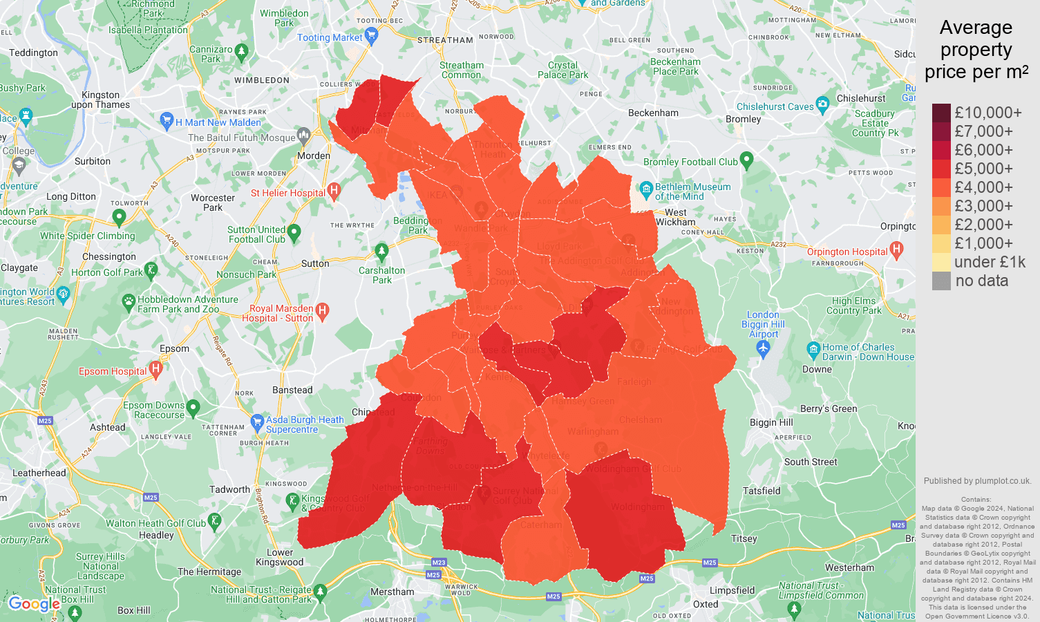 Croydon house prices per square metre map