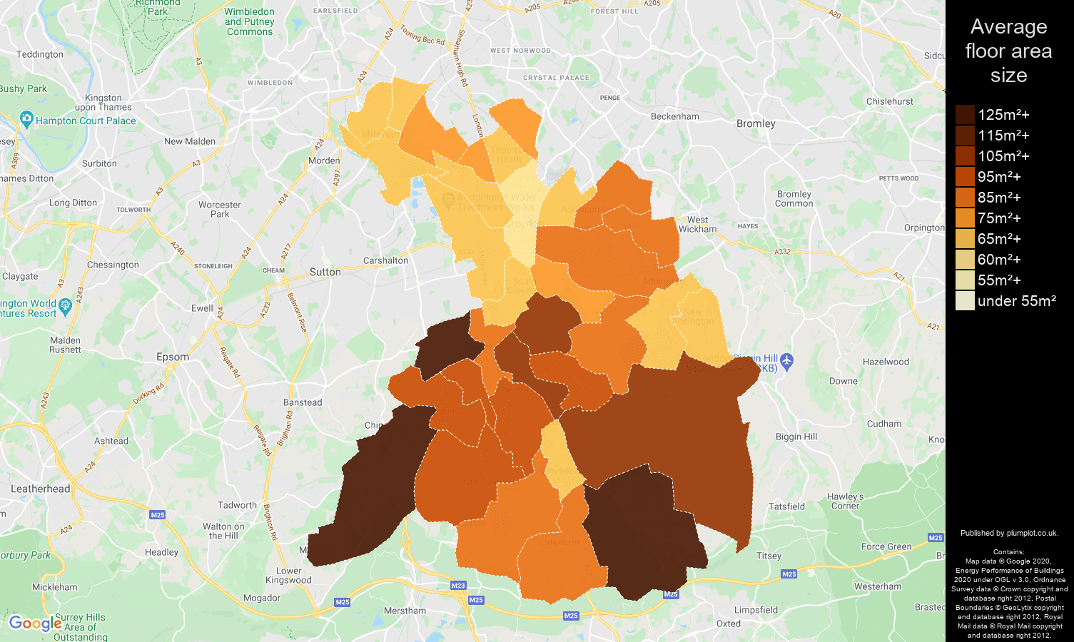 Croydon map of average floor area size of properties