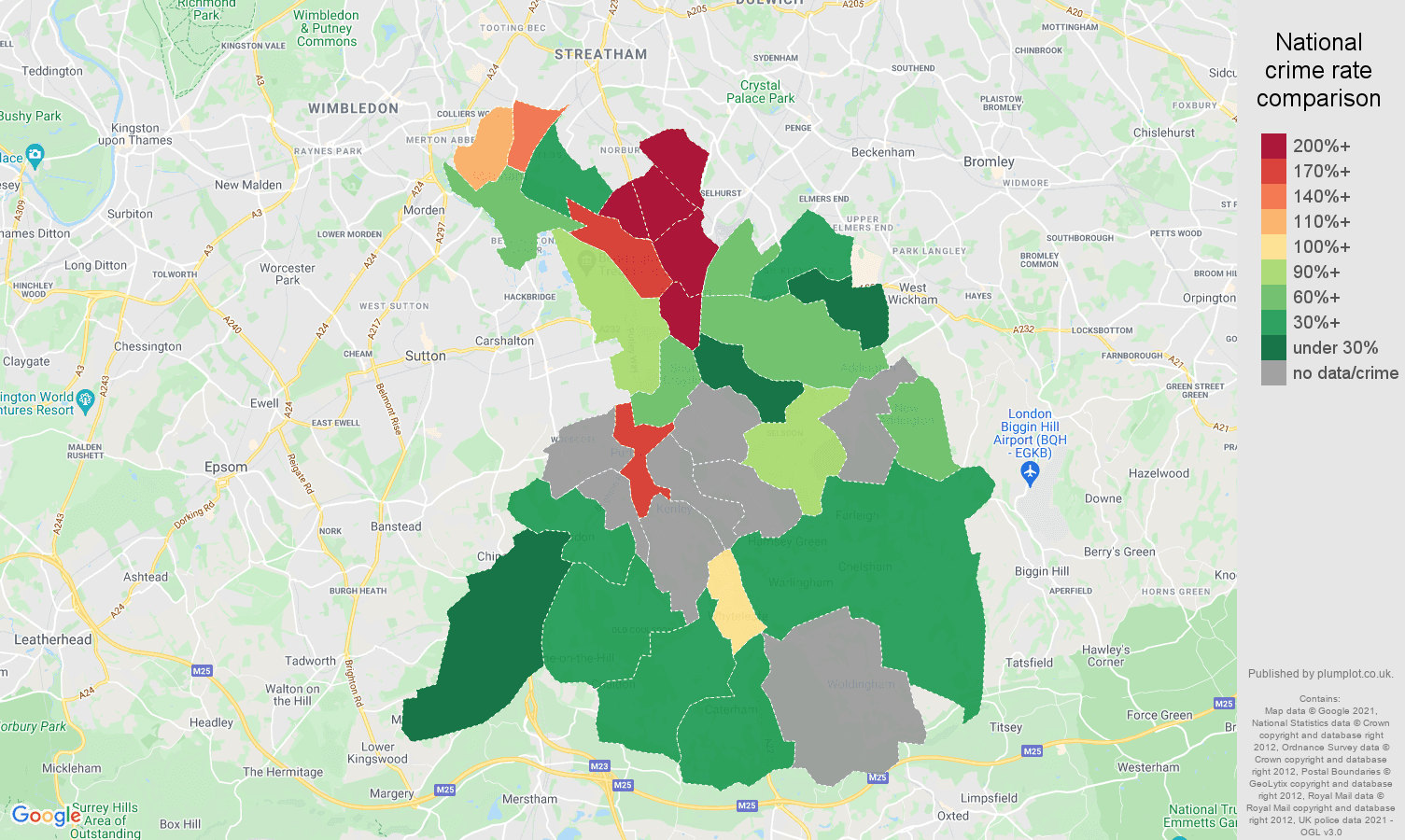 Croydon theft from the person crime rate comparison map