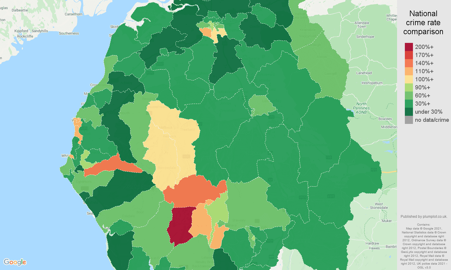 Cumbria antisocial behaviour crime rate comparison map