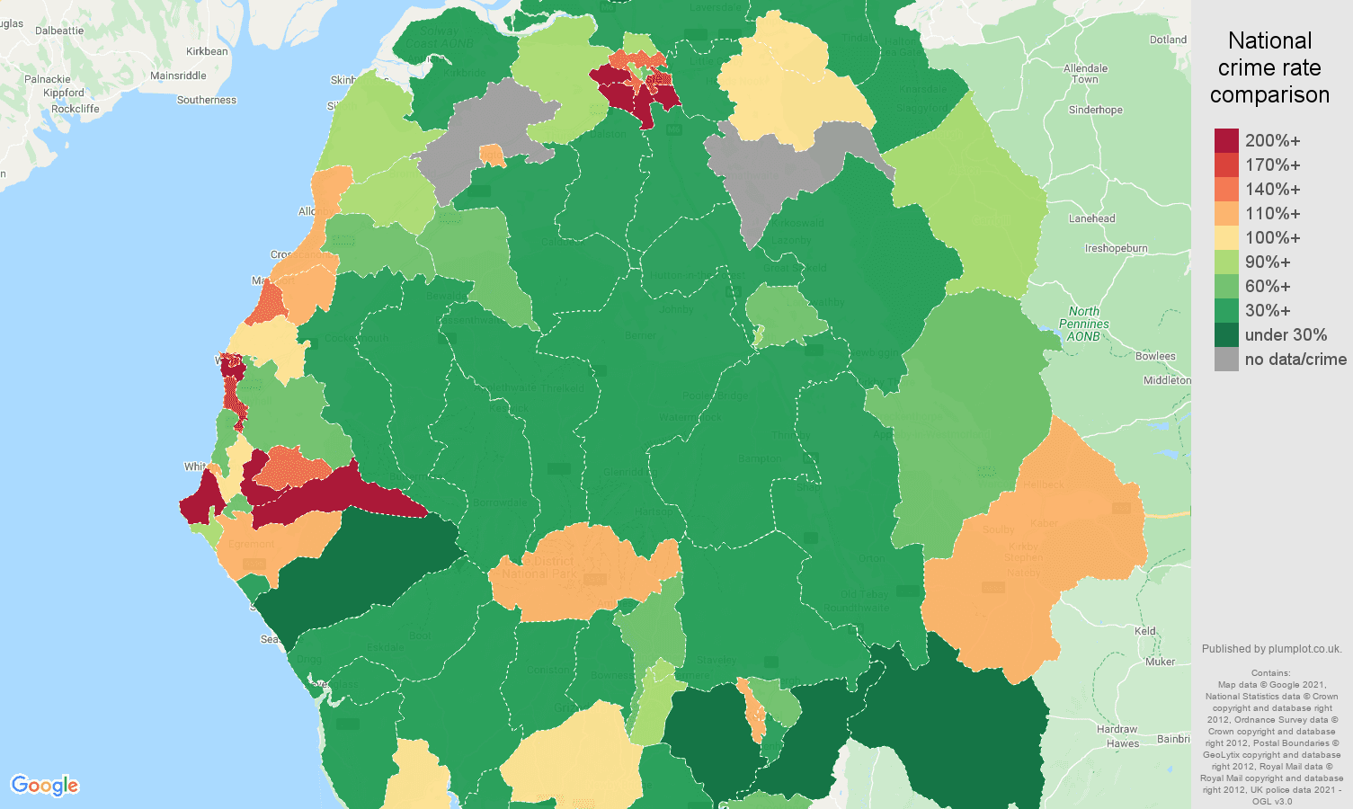 Cumbria criminal damage and arson crime rate comparison map