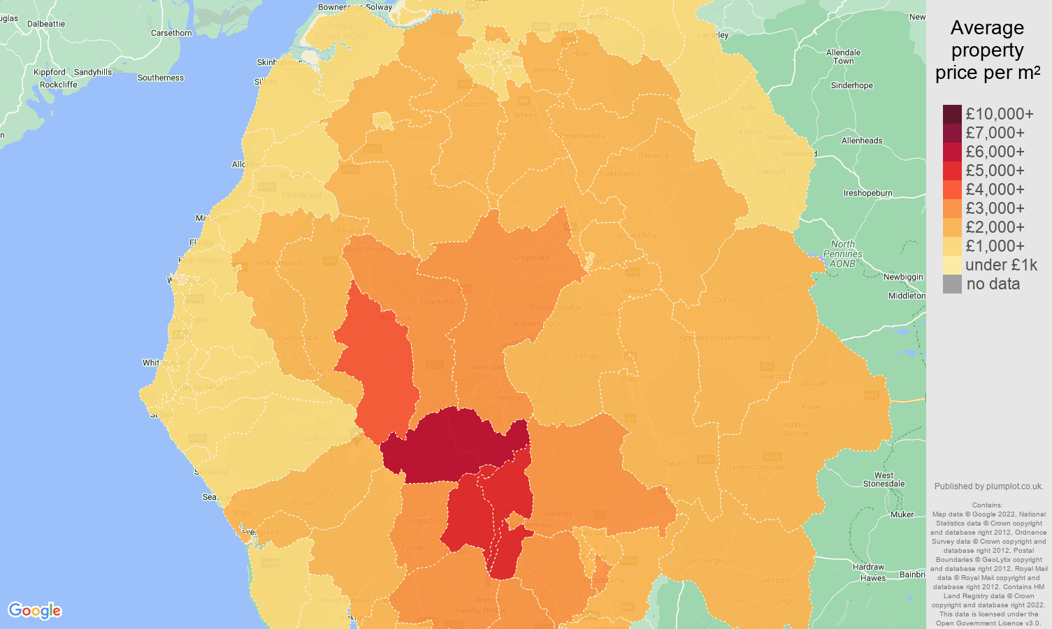 Cumbria house prices per square metre map
