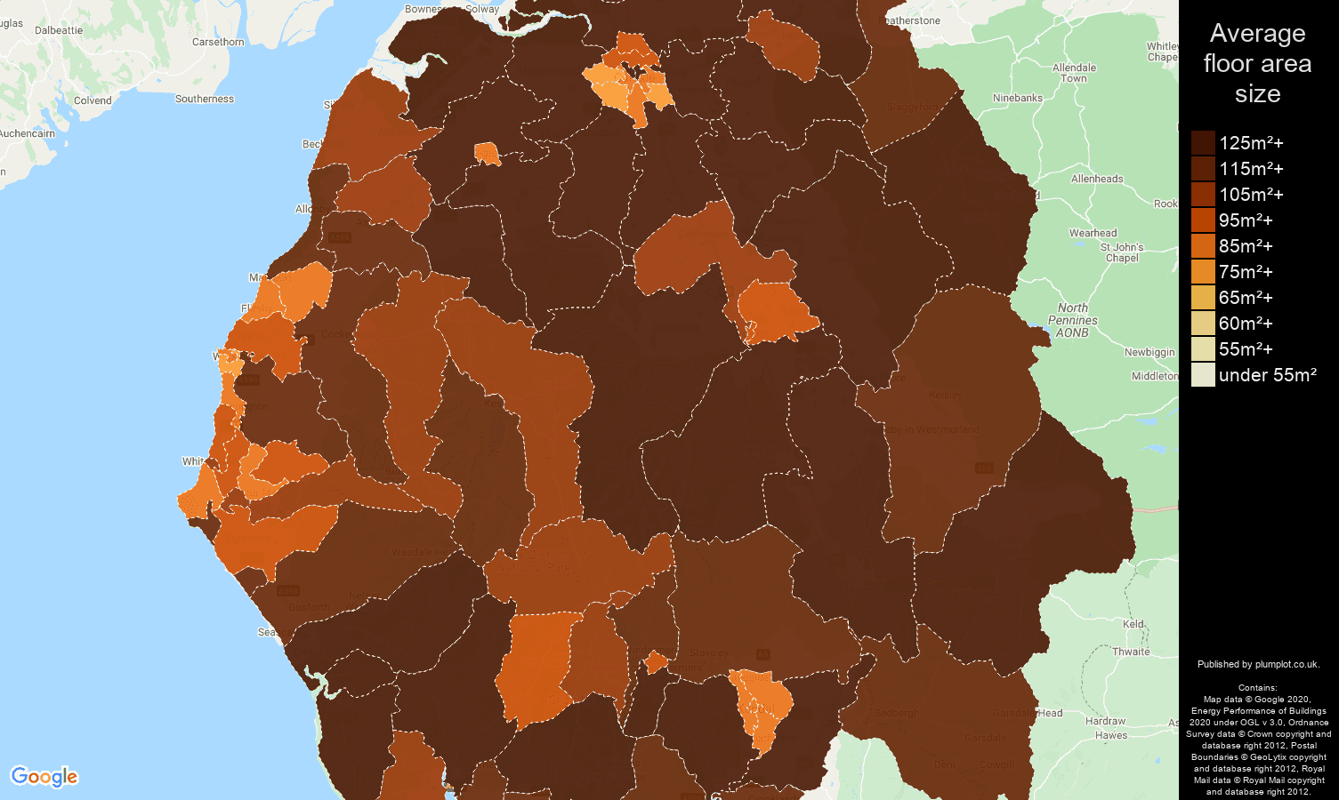 Cumbria map of average floor area size of houses