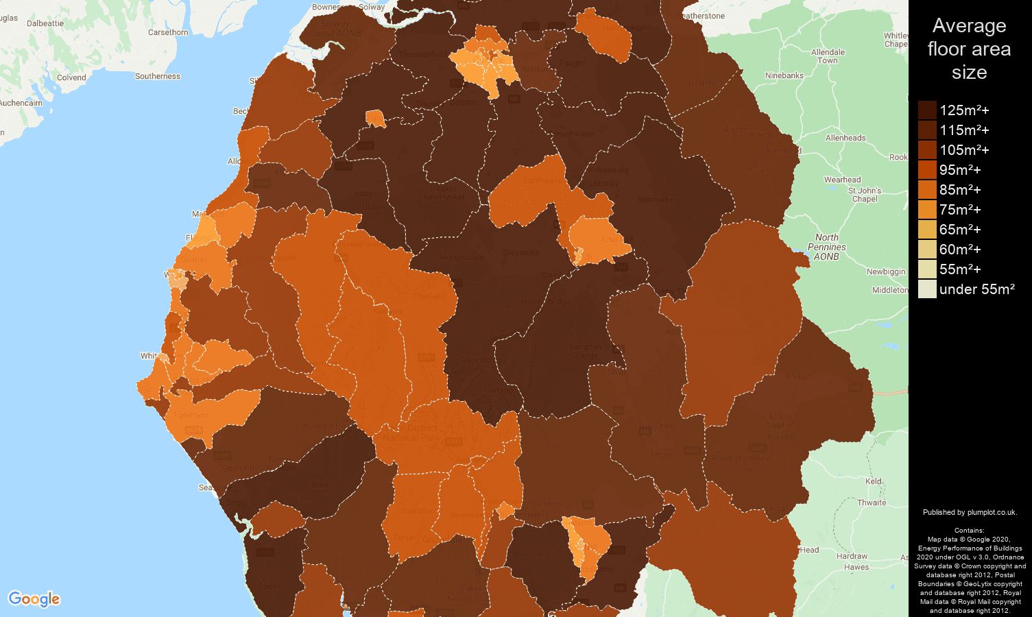 Cumbria map of average floor area size of properties