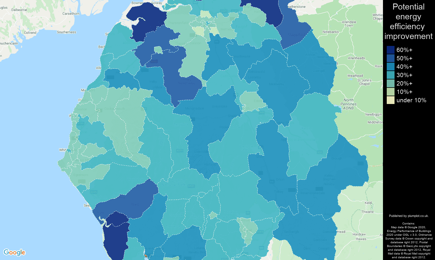 Cumbria map of potential energy efficiency improvement of houses