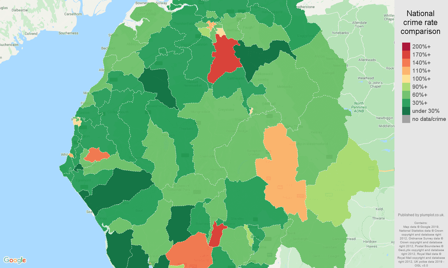 Cumbria other theft crime rate comparison map
