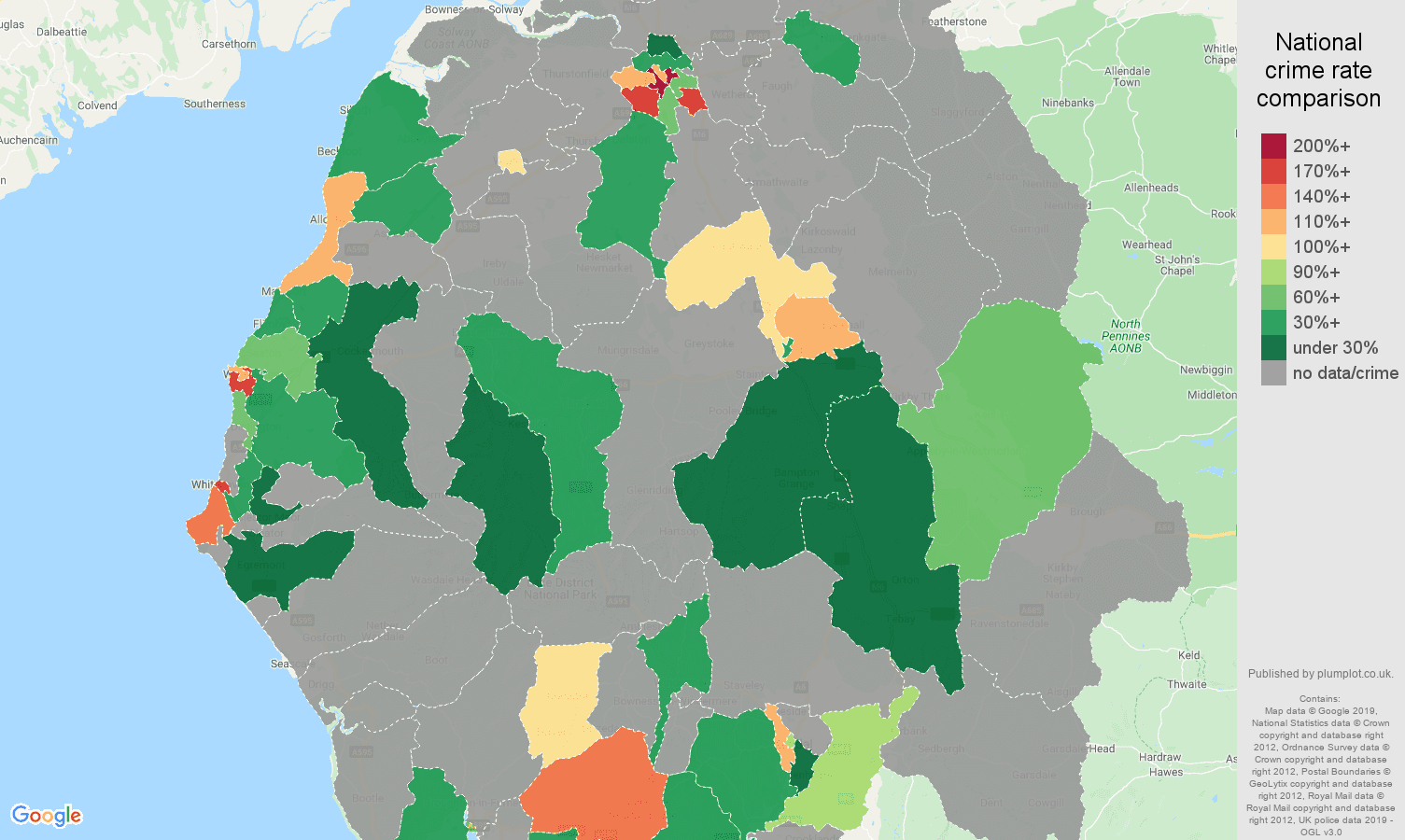 Cumbria possession of weapons crime rate comparison map