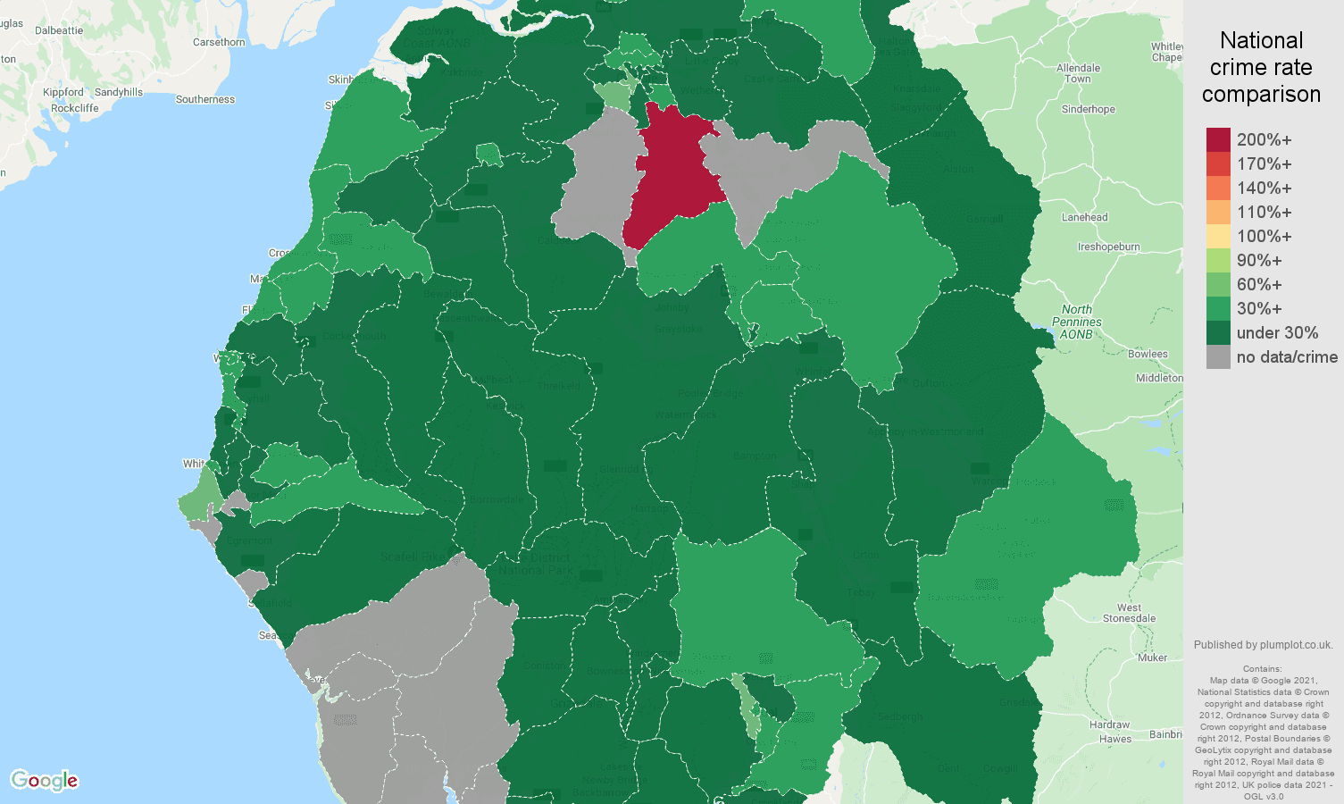 Cumbria vehicle crime rate comparison map