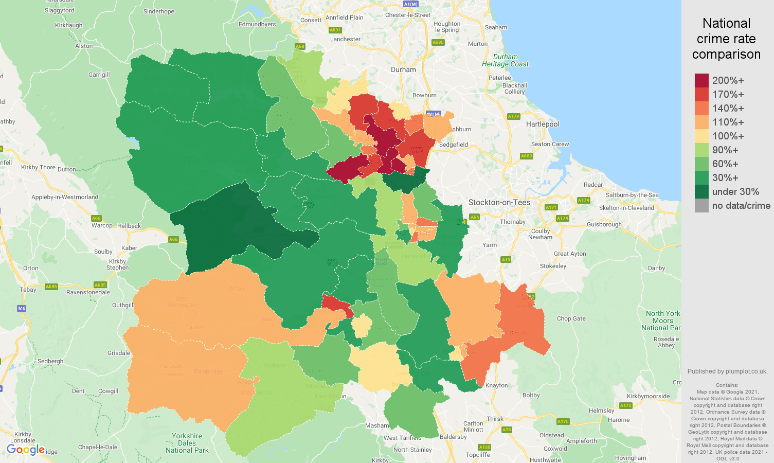 Darlington antisocial behaviour crime rate comparison map