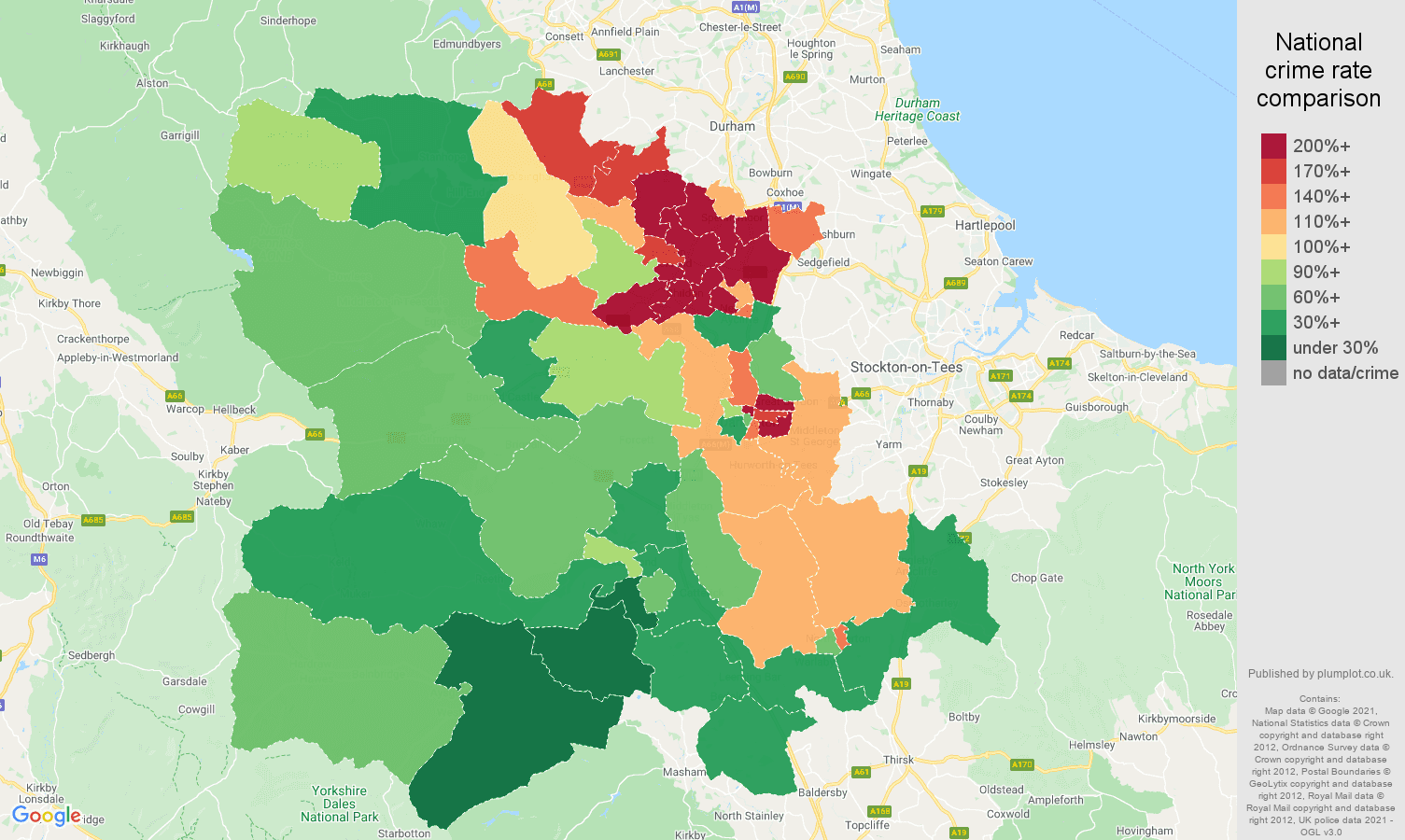 Darlington criminal damage and arson crime rate comparison map