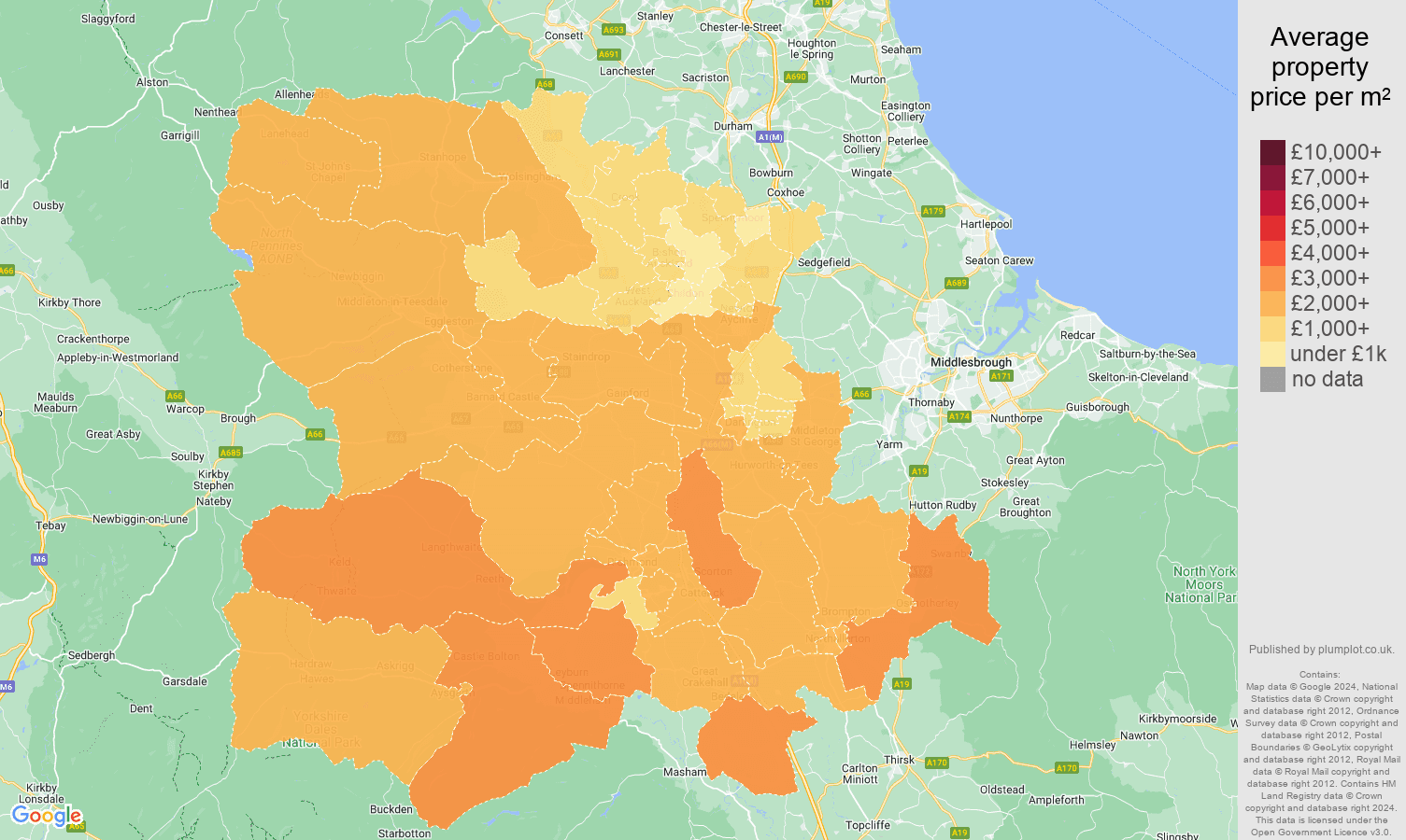 Darlington house prices per square metre map
