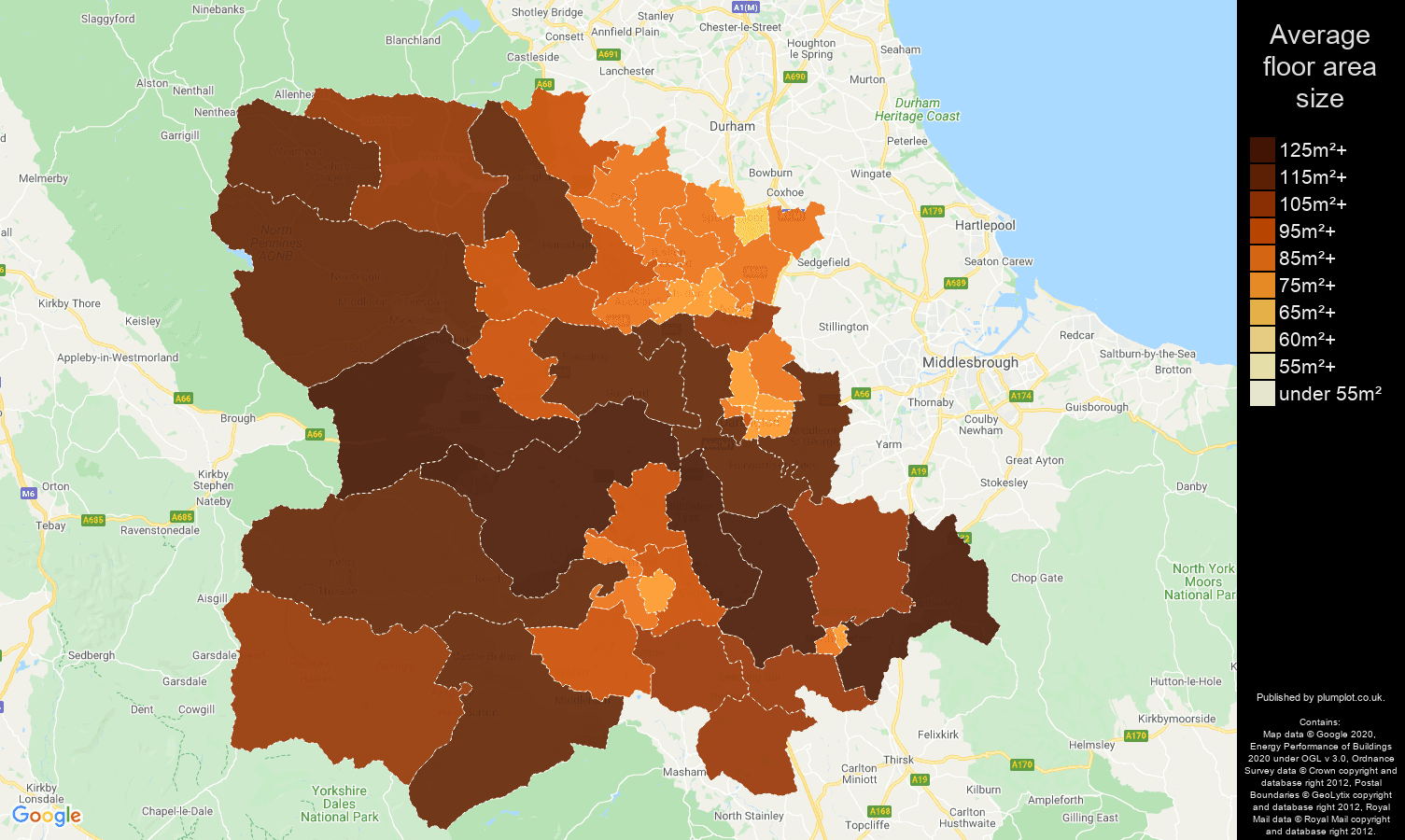 Darlington map of average floor area size of properties