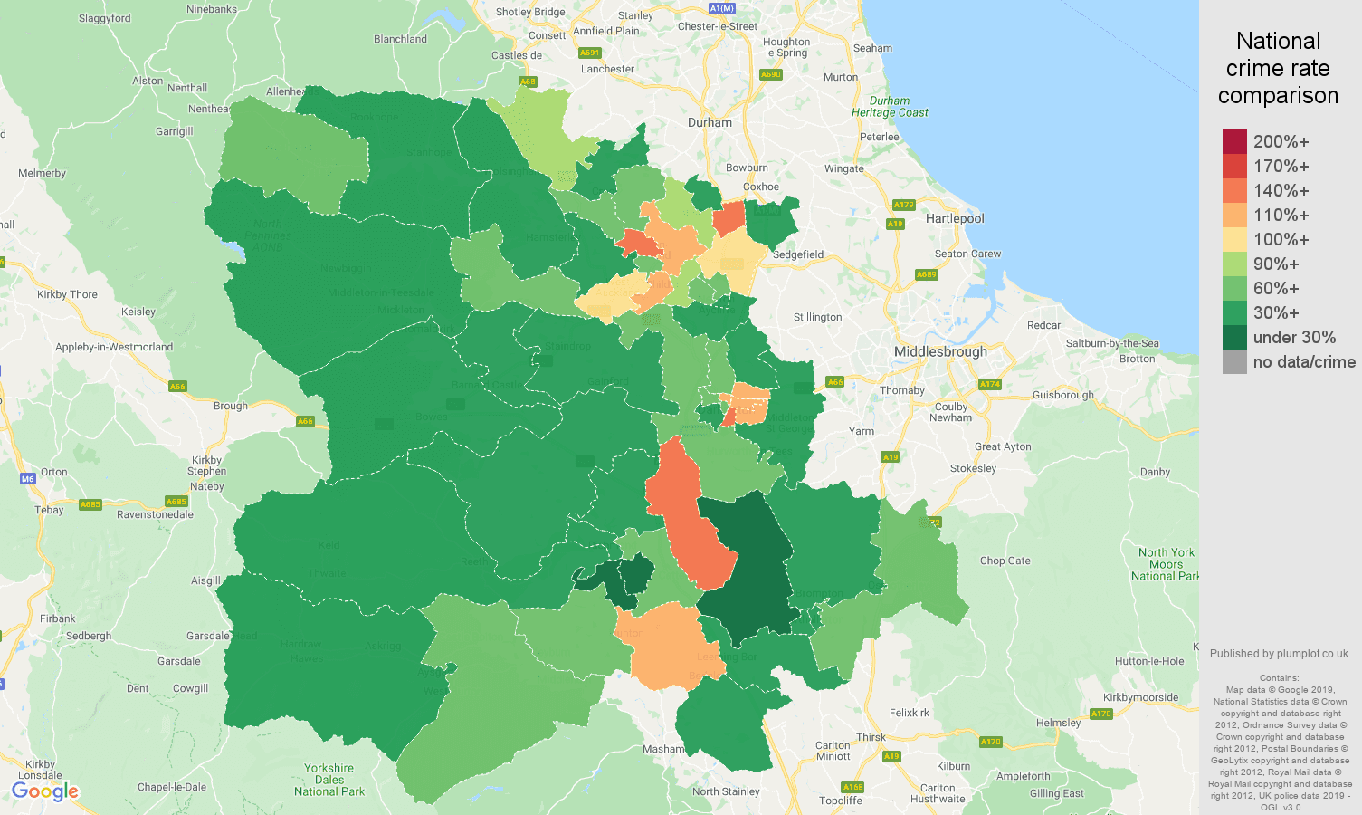 Darlington other theft crime rate comparison map