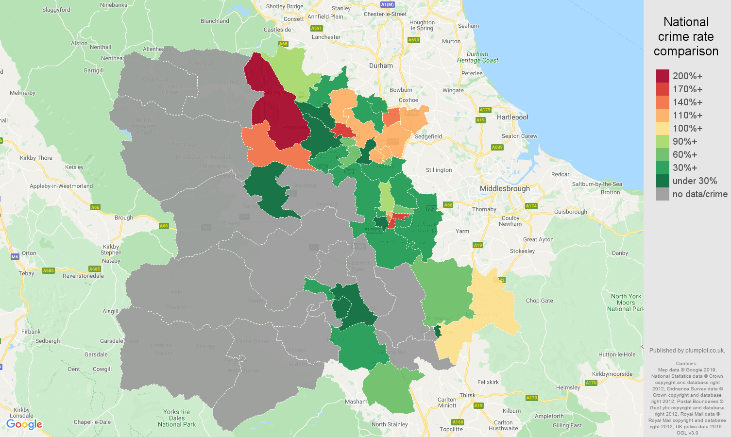 Darlington possession of weapons crime rate comparison map