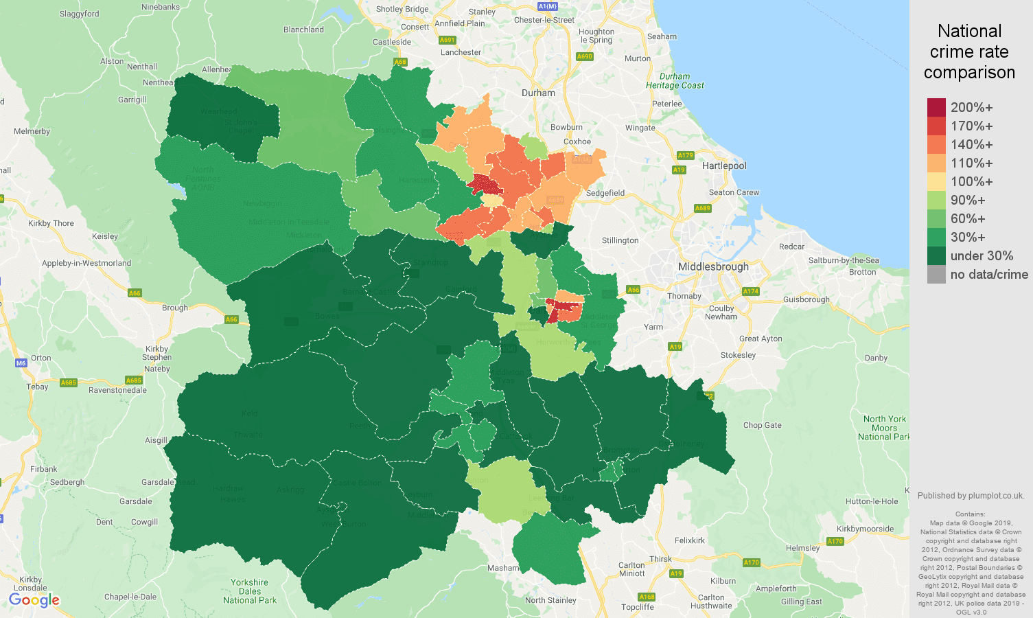 Darlington public order crime rate comparison map
