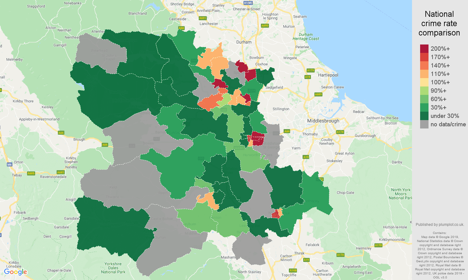 Darlington shoplifting crime rate comparison map