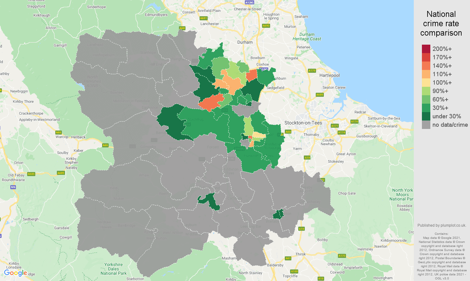 Darlington theft from the person crime rate comparison map