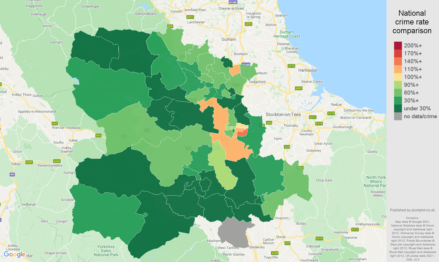 Darlington vehicle crime rate comparison map