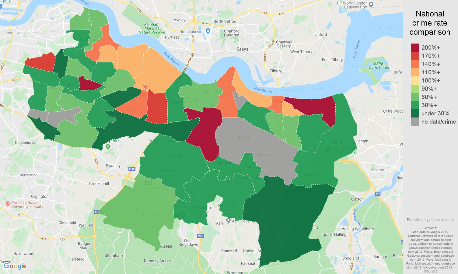 Dartford possession of weapons crime rate comparison map