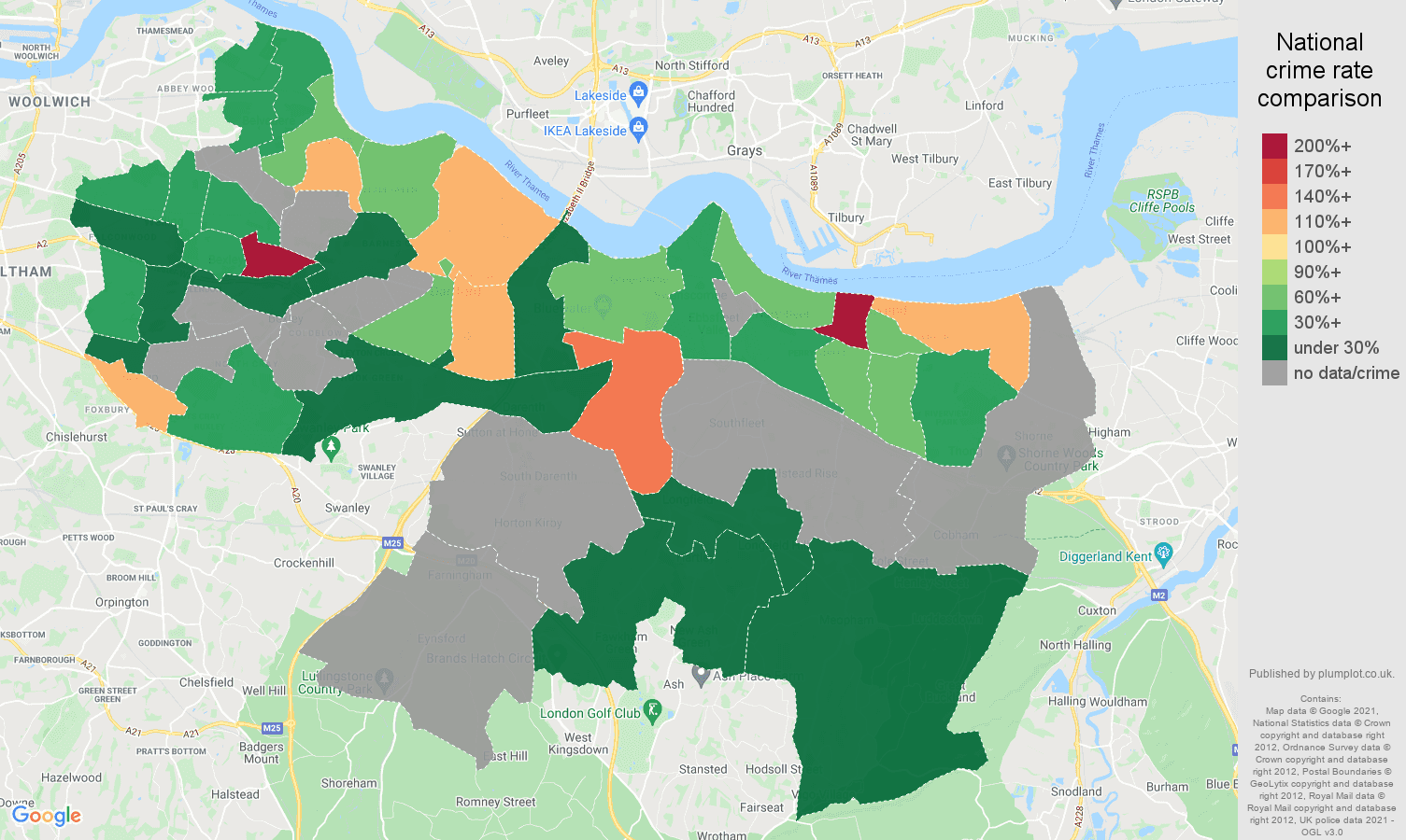 Dartford theft from the person crime rate comparison map