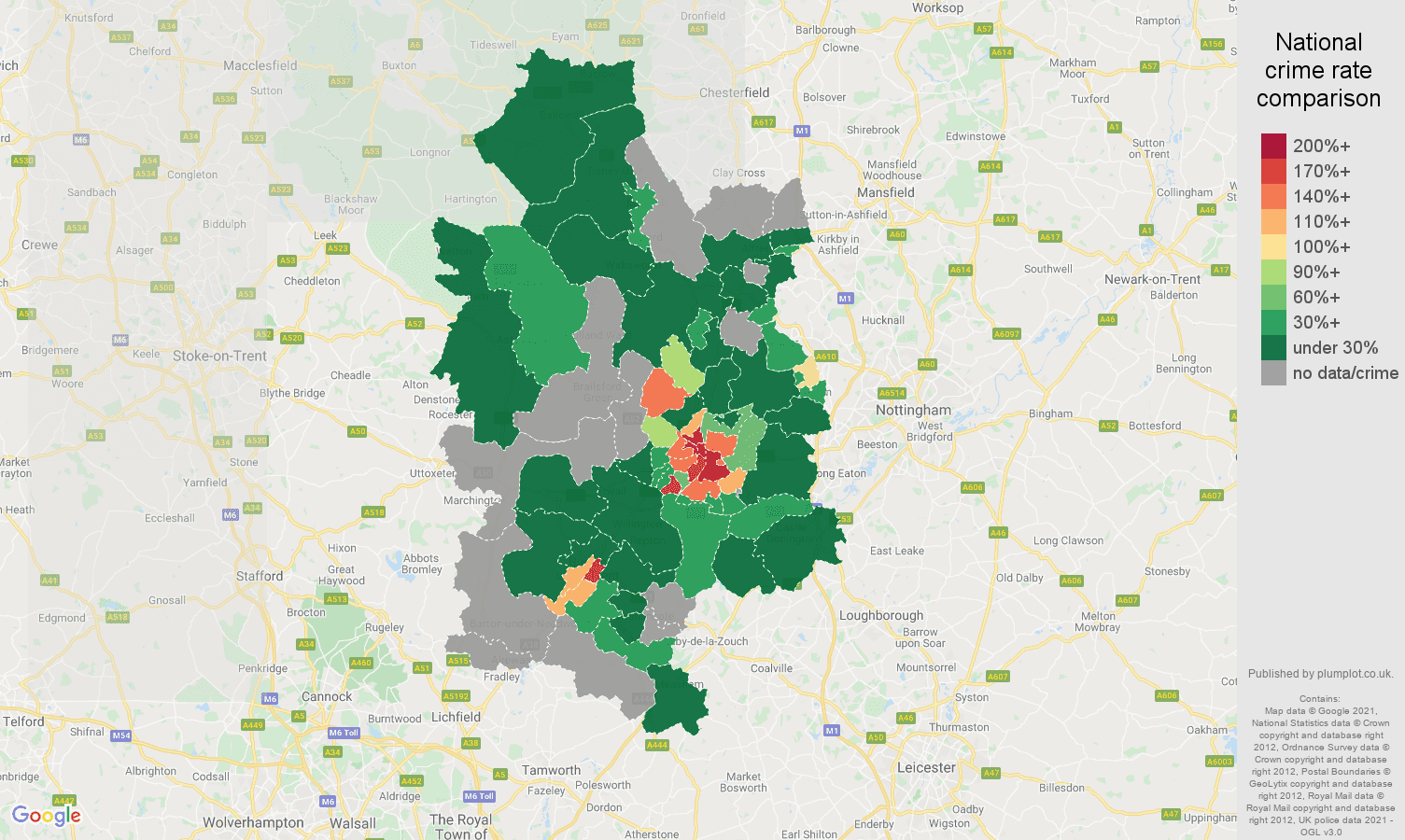 Derby bicycle theft crime rate comparison map