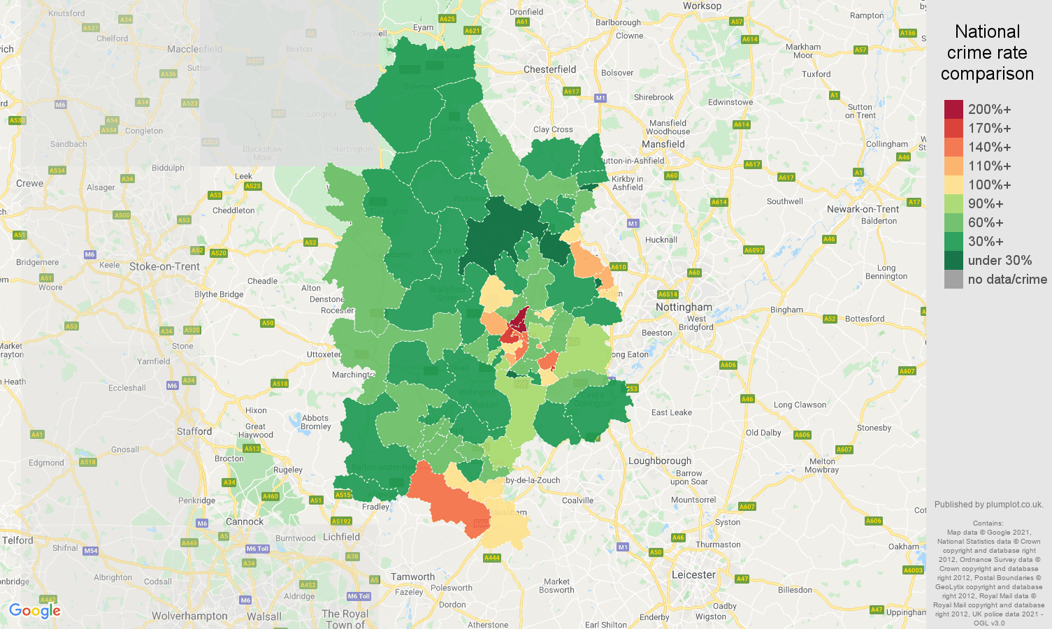 Derby burglary crime rate comparison map