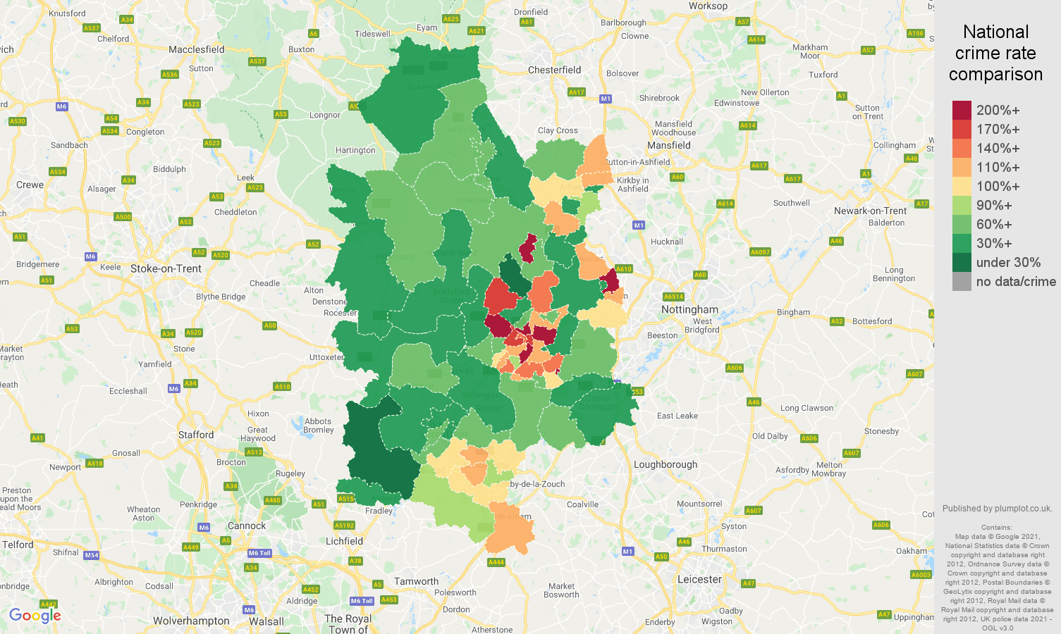 Derby criminal damage and arson crime rate comparison map