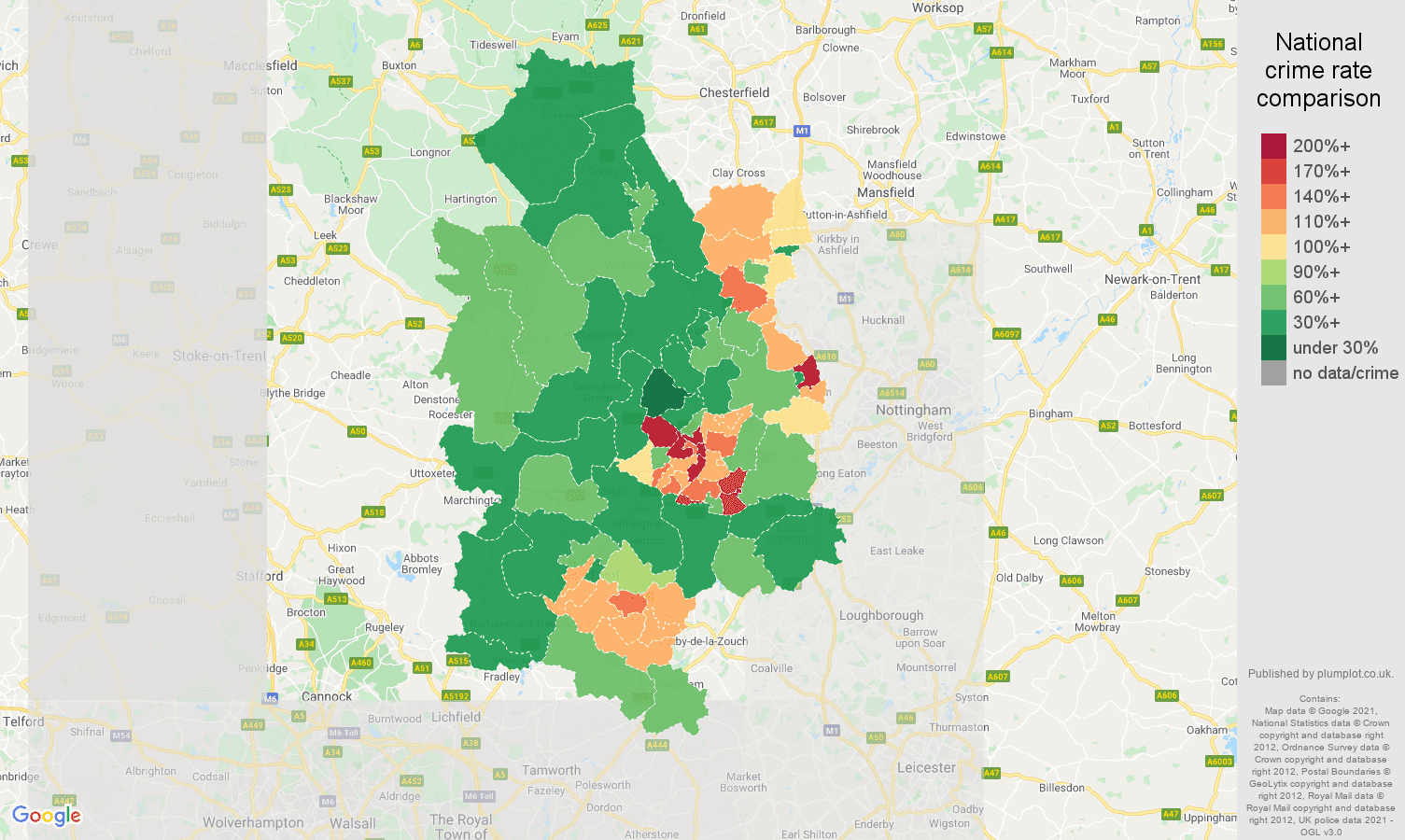 Derby violent crime rate comparison map