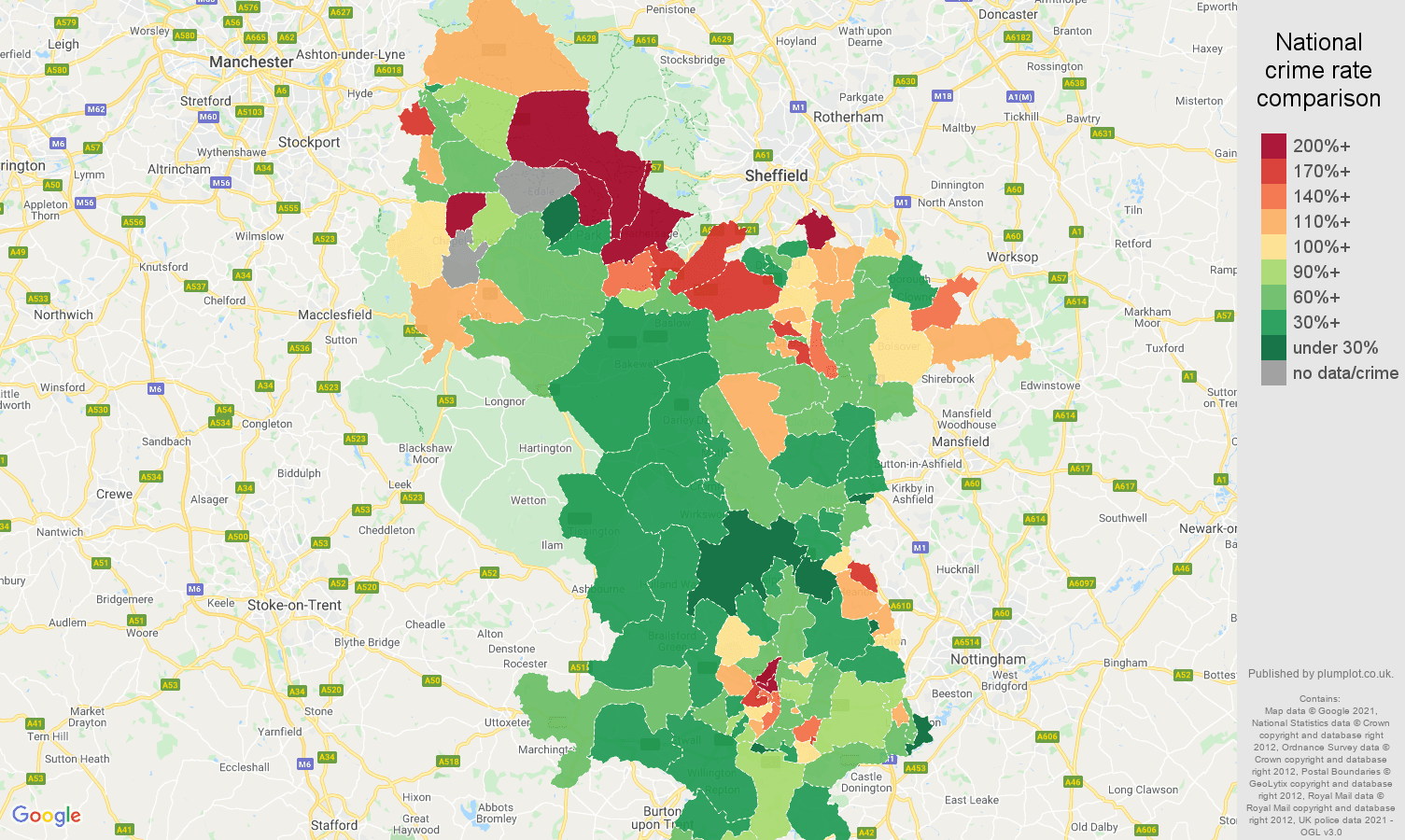 Derbyshire burglary crime rate comparison map