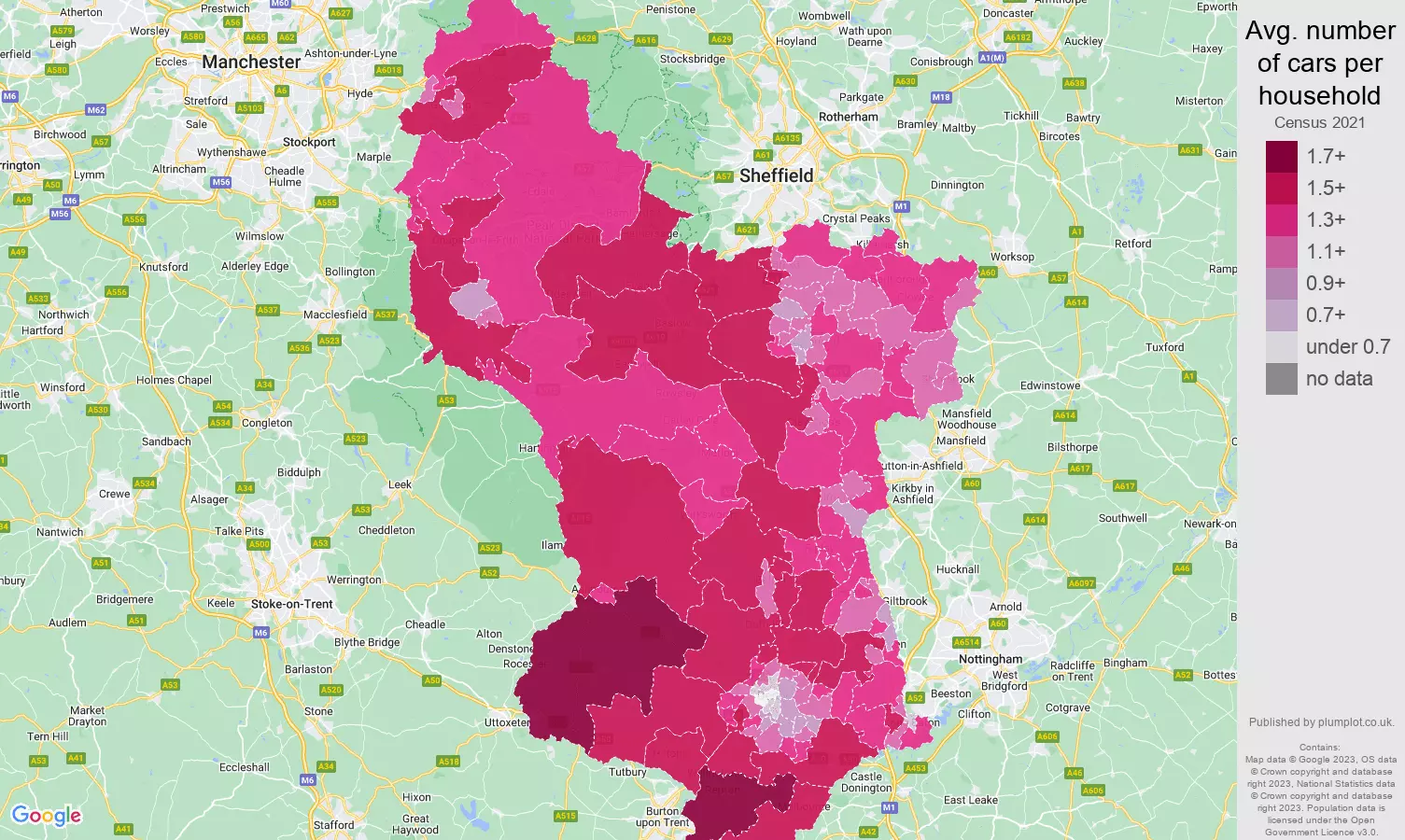 Derbyshire cars per household map