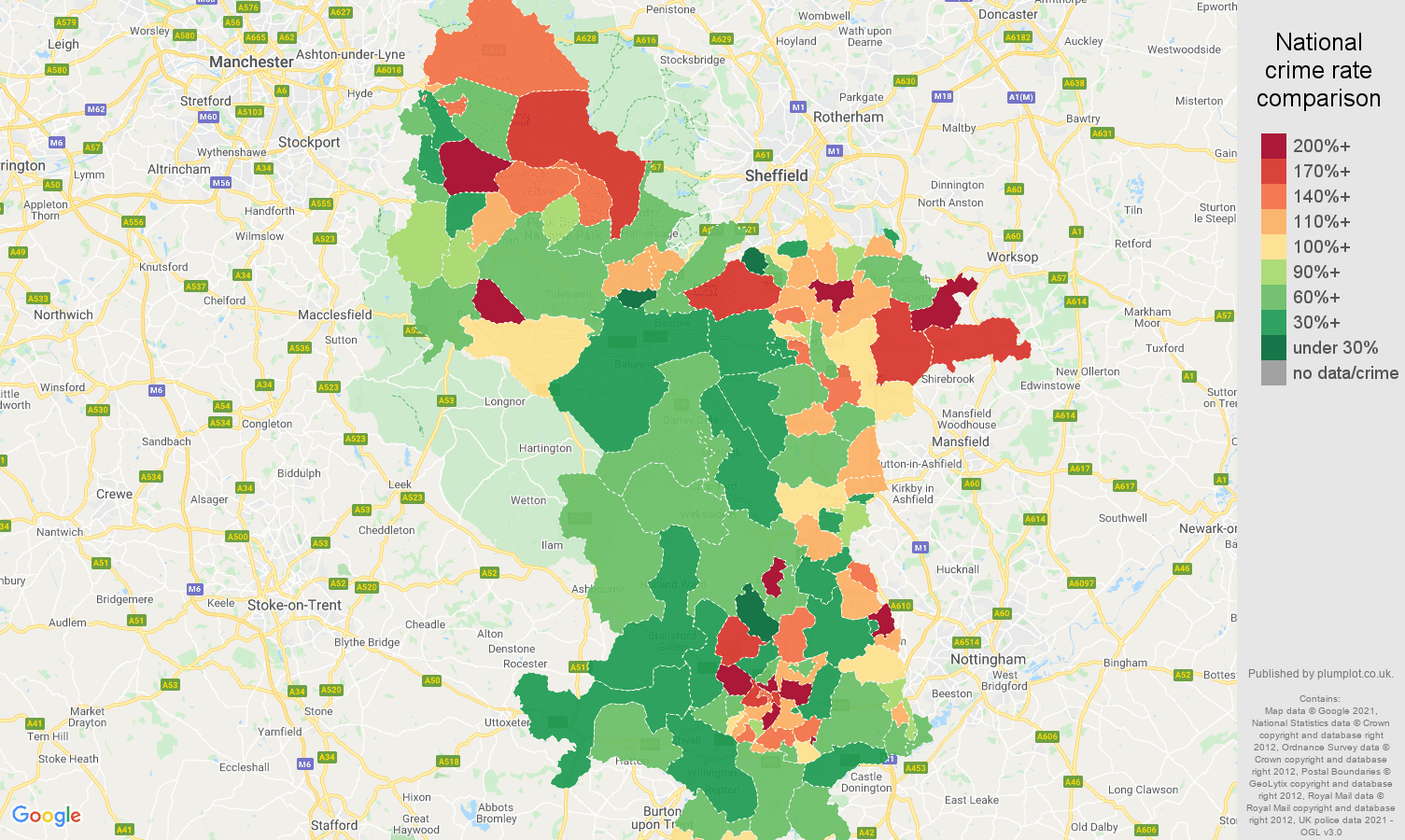Derbyshire criminal damage and arson crime rate comparison map
